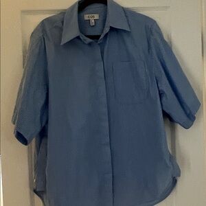 COS Women’s pinstriped Blue Button Down Shirt with buttons on the sleeves & side
